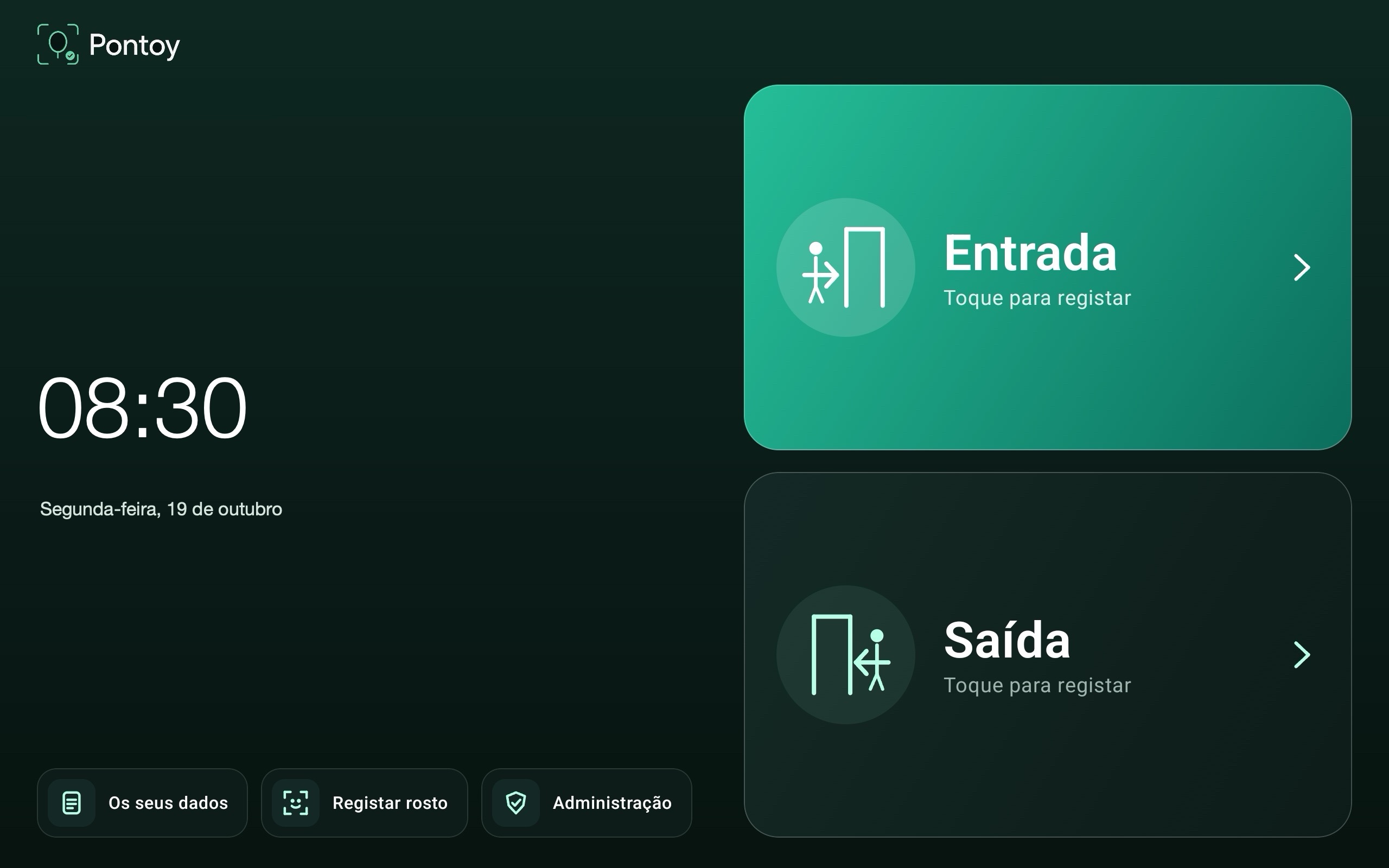 Aplicação Android Pontoy, com o relógio, a data e os botões de entrada e saída.